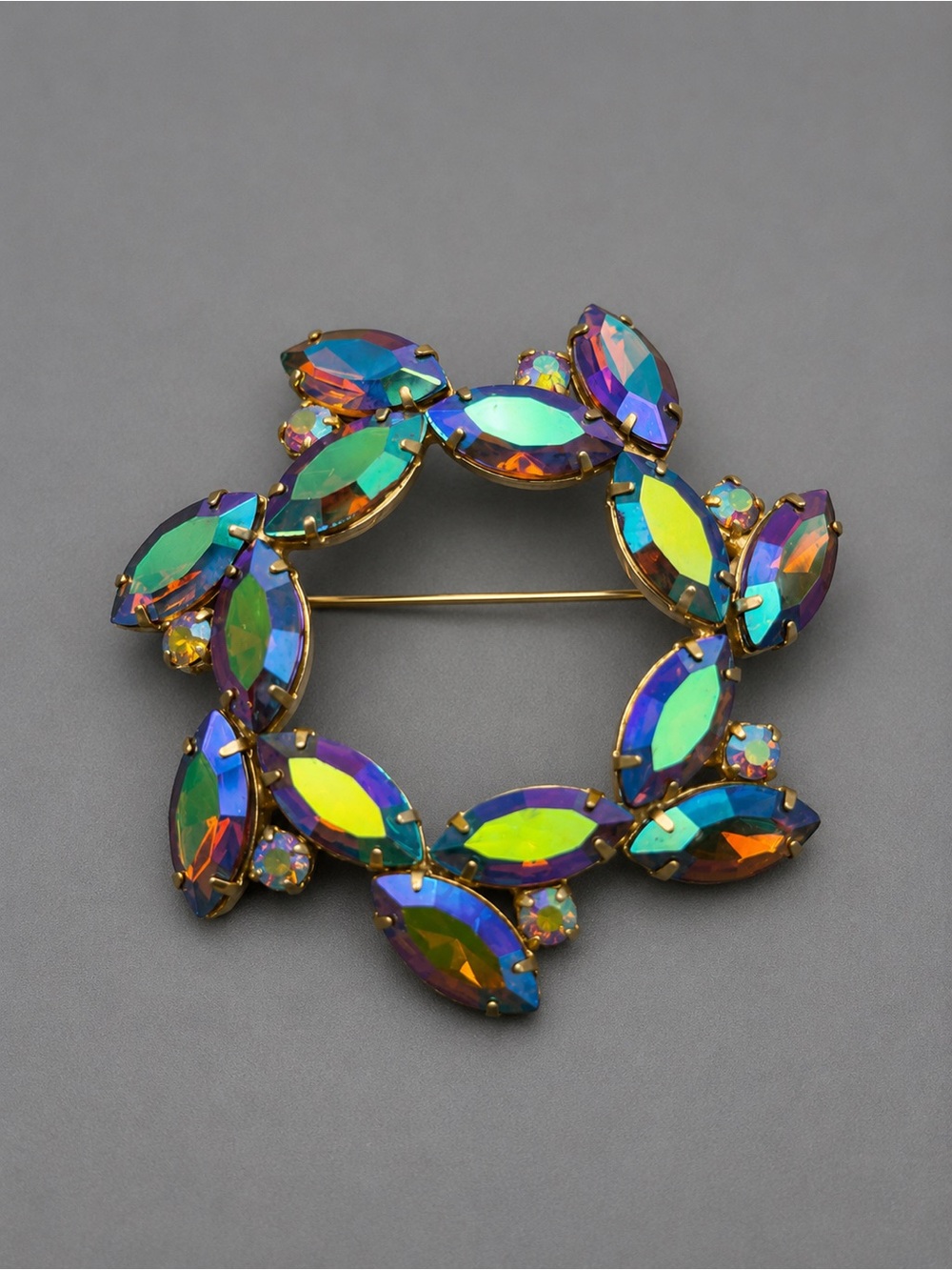 Vintage Aurora Borealis Marquise Rhinestone Wreath Brooch #cz122